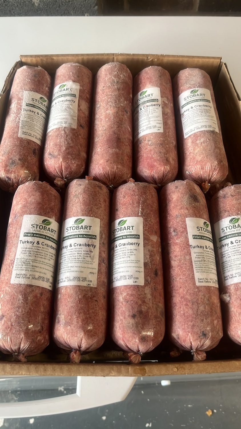 Box of Stobart Turkey & Cranberry raw dog food rolls