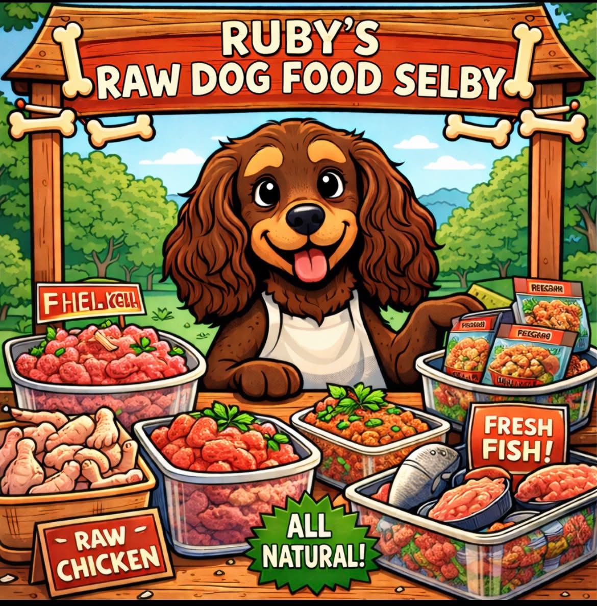 Ruby's Raw Dog Food, cartoon spaniel at a market stall